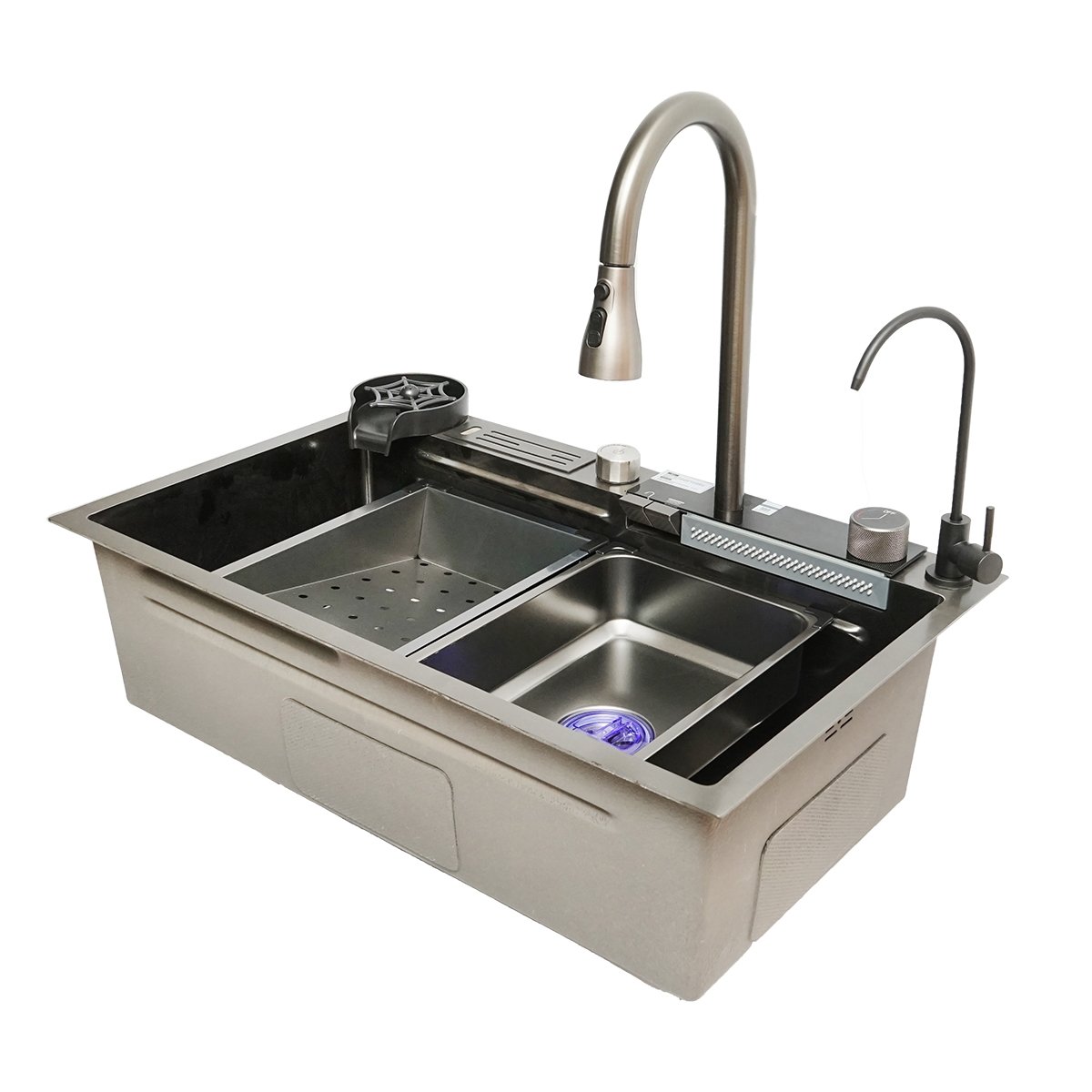 Chiuveta bucatarie multifunctionala cu doua baterii, otel inoxidabil, afisaj digital temperatura, doua cascade, spalator pahare, scurgator, tava, tocator si accesorii scurgere incluse, dimensiune 75x46x23.5cm